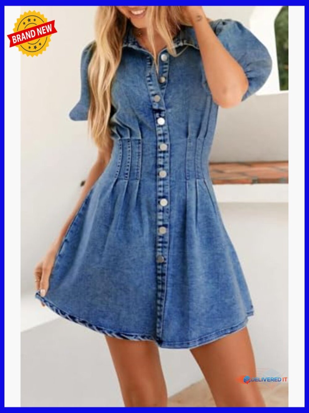 Puff Sleeve Slim Fit Jean Dress for Women Mini Casual Summer - Picture 3 of 7
